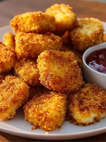 Plate of homemade golden brown chicken nuggets with a crispy breadcrumb coating, stacked on a white plate and served with a small bowl of ketchup for dipping.