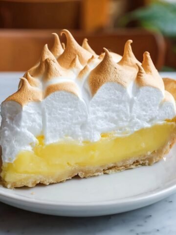 Homemade Lemon Meringue Pie on a white plate with golden crust, bright yellow lemon curd filling, and tall fluffy meringue peaks toasted golden brown.
