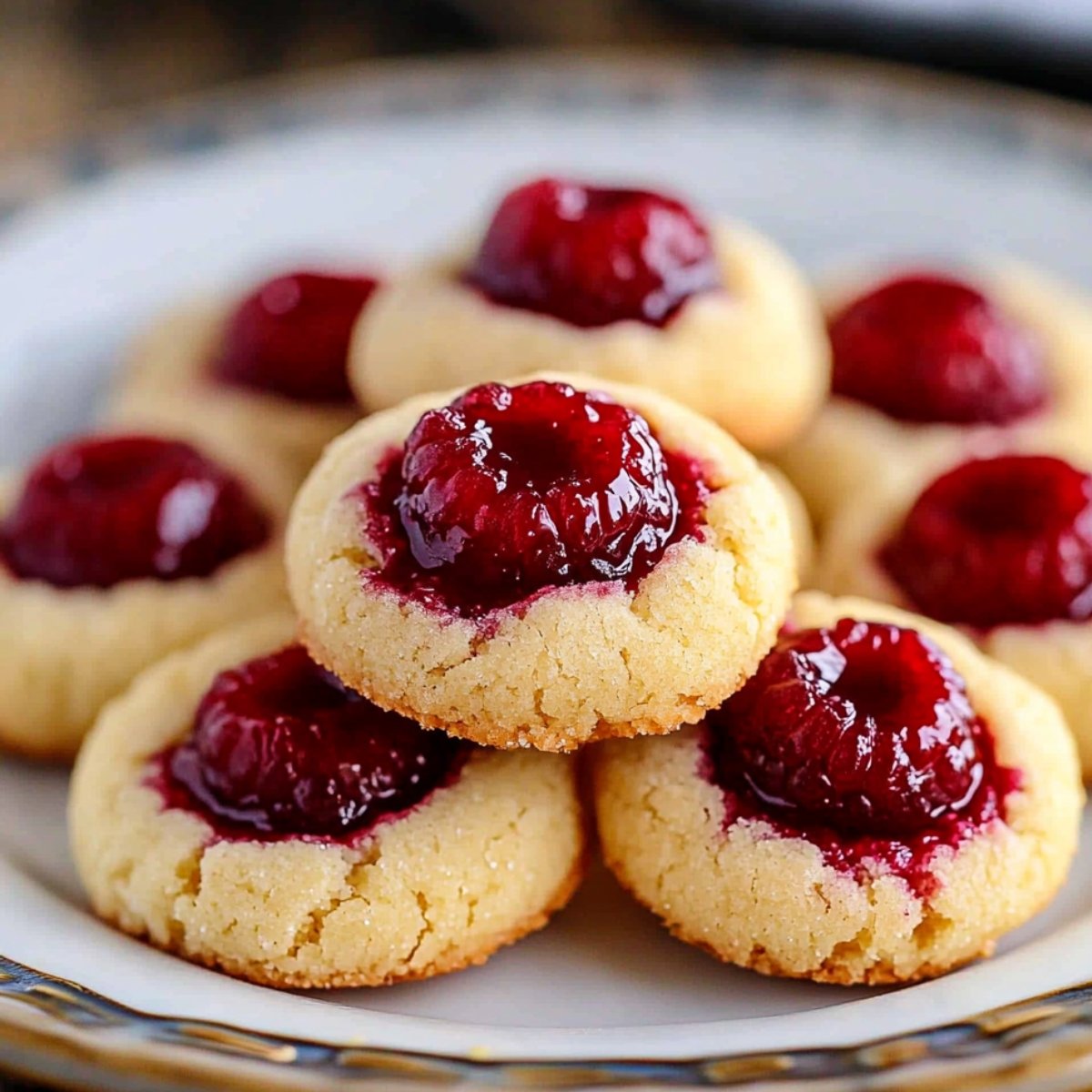 Homemade Raspberry Thumbprint Cookies with golden shortbread and glossy raspberry jam topped with whole raspberries on a decorative plate.