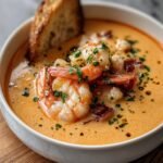 Homemade Seafood Bisque Recipe in a white bowl with shrimp, parsley garnish, and rustic bread for dipping.