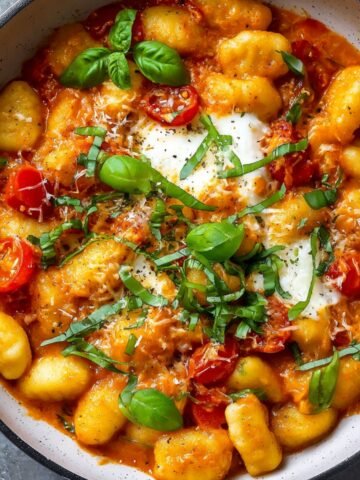 Homemade tomato gnocchi with roasted cherry tomatoes, mozzarella, Parmesan, and fresh basil in a rustic bowl.