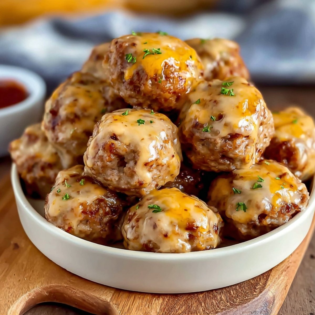Golden-brown Rotel Cream Cheese Sausage Balls on a white plate, topped with melted cheddar and parsley, with dipping sauces in the background.