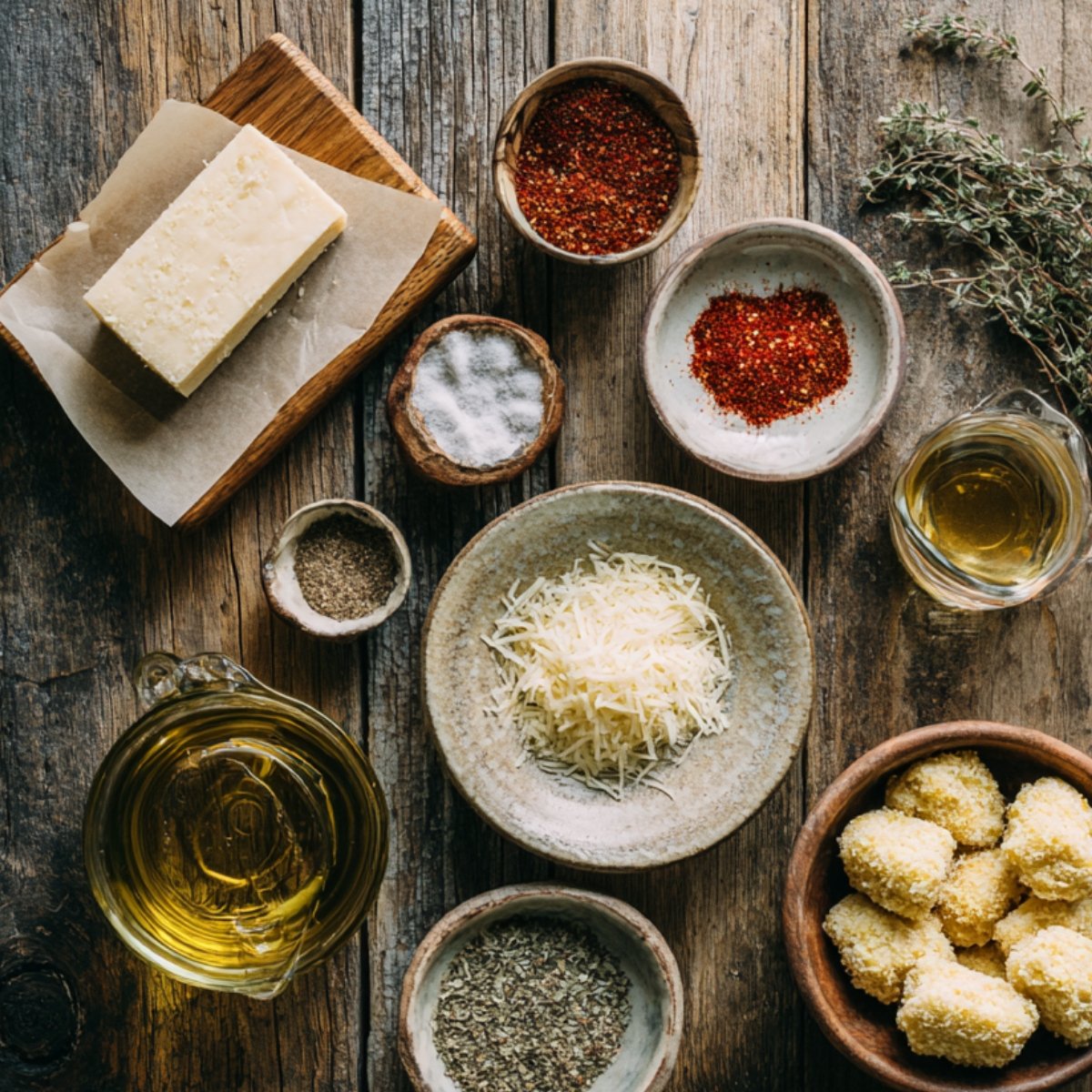 Rustic flat lay of Parmesan cheese, grated cheese, spices, herbs, olive oil, and uncooked breaded chicken nuggets on a wooden table.
