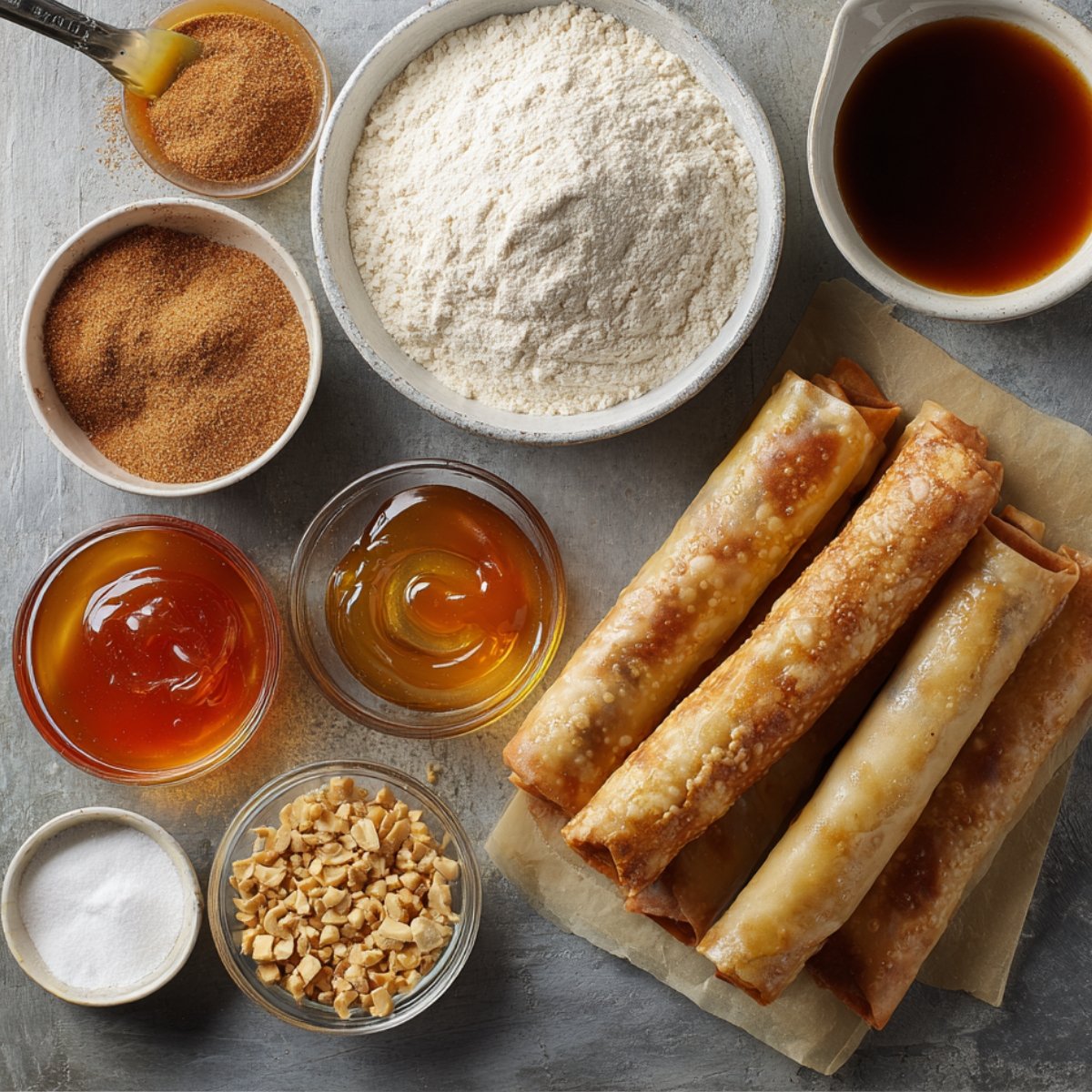 "Set up for rolling and frying apple pie egg rolls, with wrappers, a frying pan with oil, and egg roll wrappers ready for use."