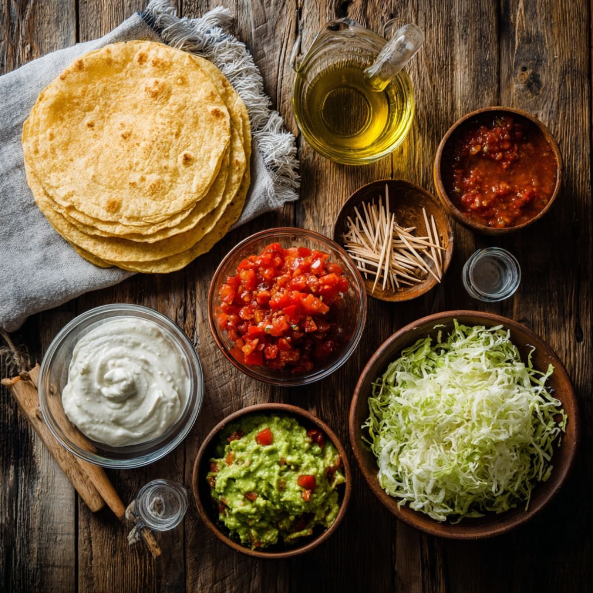 Homemade chicken flautas ingredients arranged on a rustic wooden table: a stack of corn tortillas on a cloth napkin, bowls of shredded lettuce, guacamole, sour cream, fresh salsa, and red sauce, alongside a small bowl of toothpicks and a glass jug of vegetable oil.