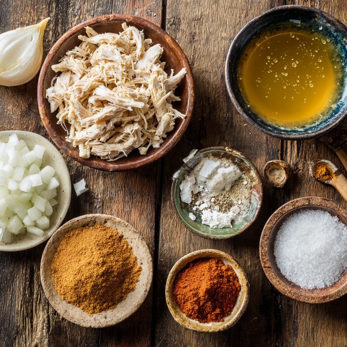 Ingredients for homemade chicken flautas laid out on a rustic wooden table: a bowl of shredded chicken, diced onion, chicken broth, ground cumin, chili powder, garlic powder, salt, and pepper, displayed in small ceramic bowls with a natural, homemade look.