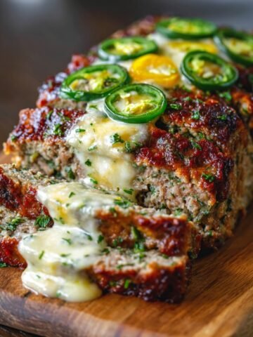 Freshly sliced Jalapeño Popper Meatloaf on a wooden board, filled with melted cheese oozing from the center, topped with golden cheddar, sliced green jalapeños, and finely chopped parsley, with a crispy, caramelized crust.