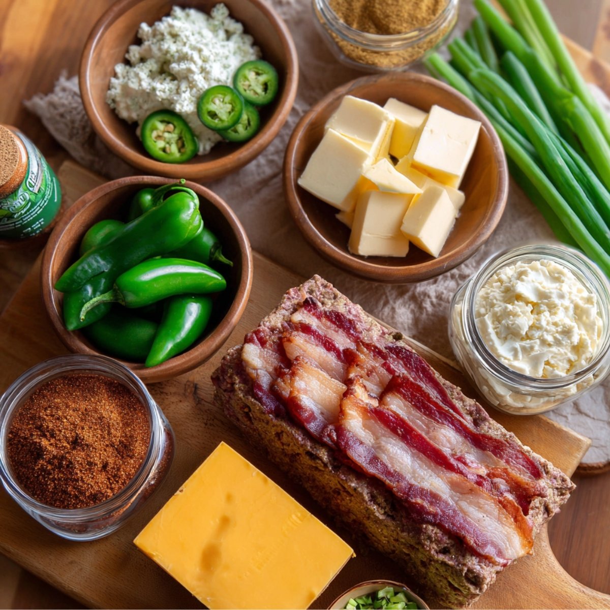 A wooden board with raw jalapeño popper meatloaf topped with bacon, surrounded by fresh ingredients like jalapeños, cheeses, butter, green onions, and seasonings in bowls and jars.