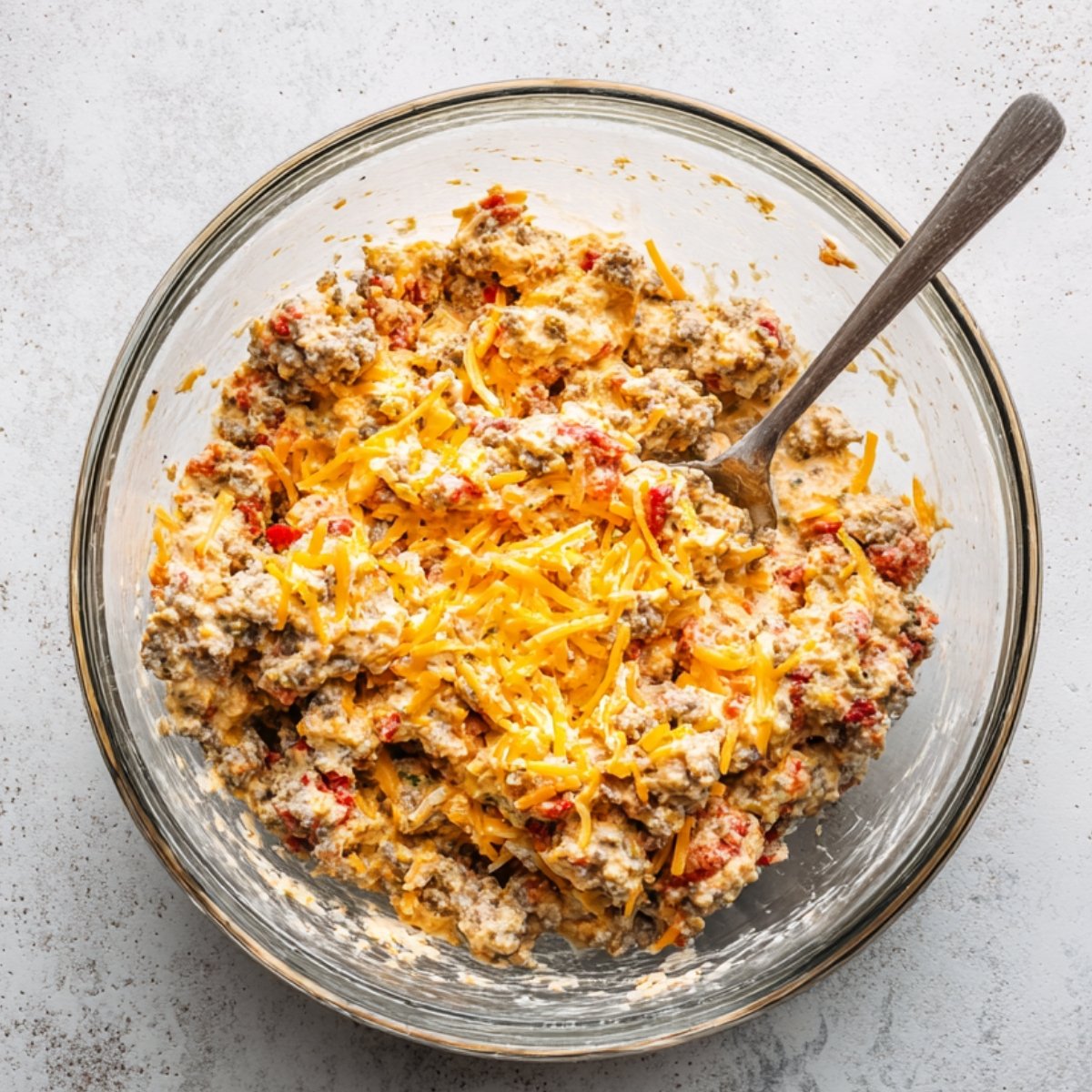 Glass bowl with Rotel Cream Cheese Sausage Ball mixture of sausage, cream cheese, cheddar, and Rotel, stirred with a spoon on a light countertop.