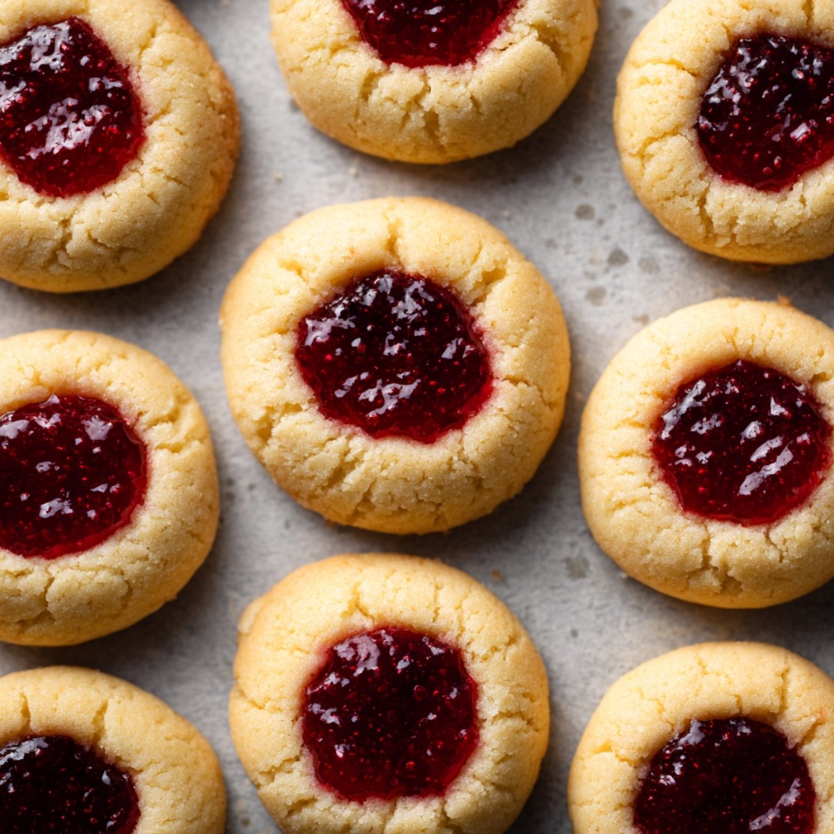 Freshly baked Raspberry Thumbprint Cookies with golden shortbread and glossy red jam centers on a baking sheet.