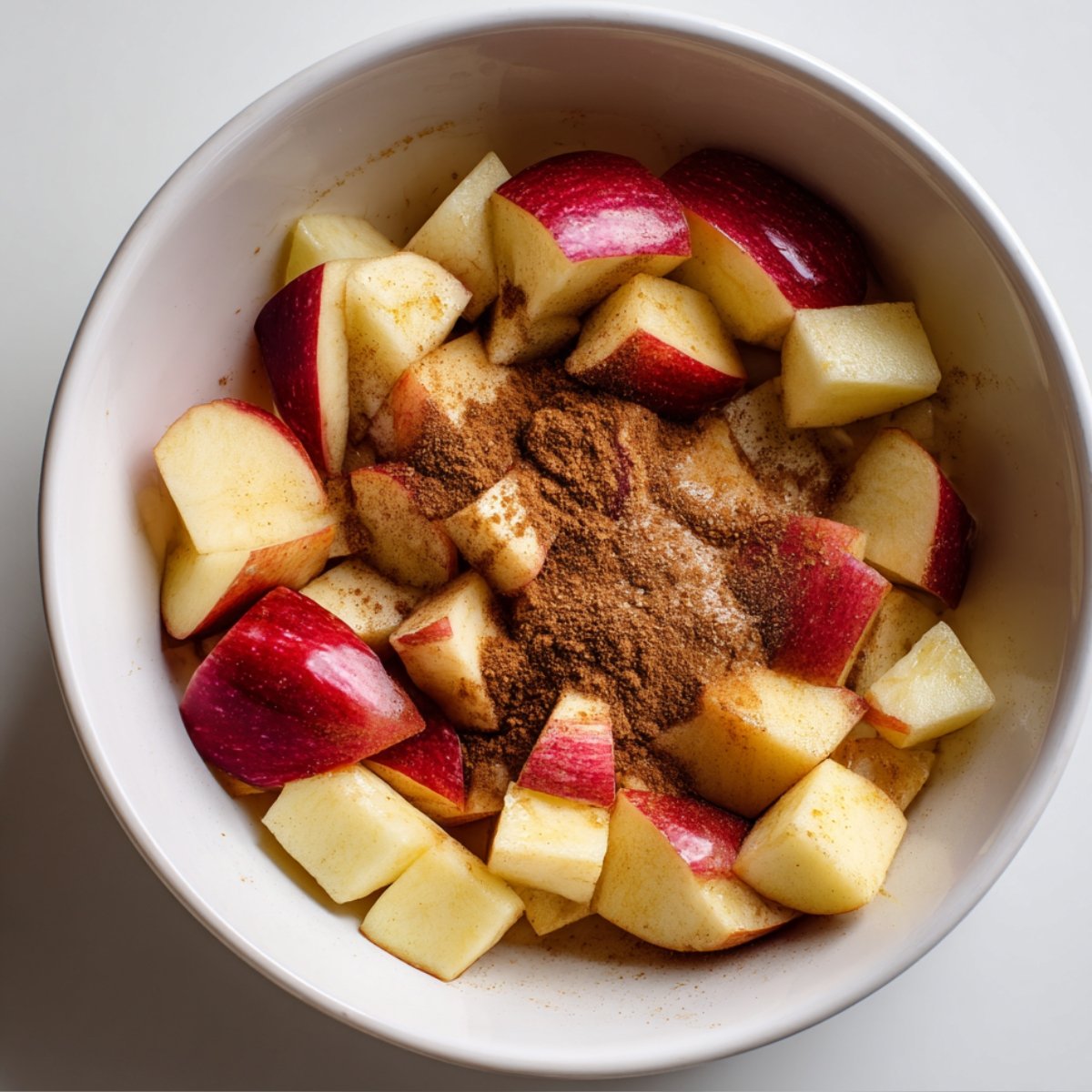 "Chopped apples with cinnamon and sugar in a white bowl, ready to be used in apple pie filling."