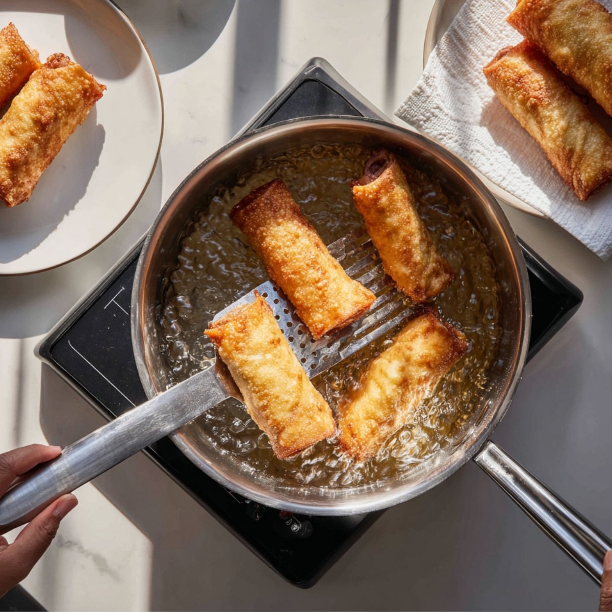 "Top-down shot of frying apple pie egg rolls in oil, with golden-brown rolls being carefully lifted from the pan."
