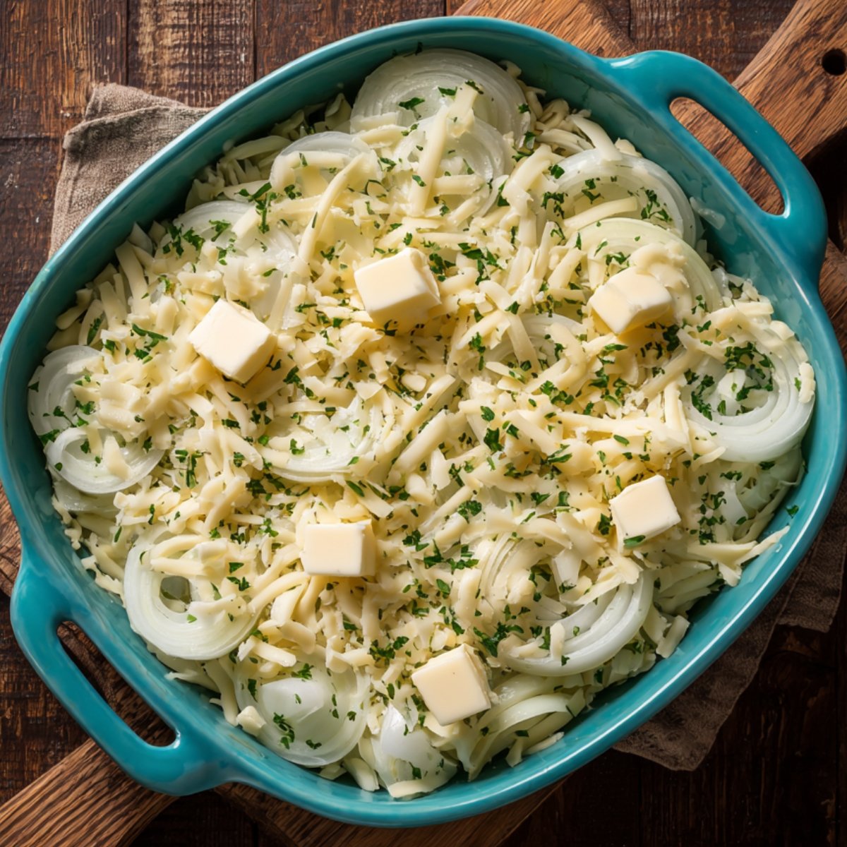 Baking dish filled with sliced onions, shredded cheese, butter cubes, and parsley, ready to bake on a wooden table.
