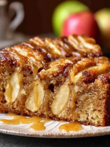 Apple Cinnamon Cake drizzled with caramel sauce, showing tender apple pieces and a golden, moist crumb.