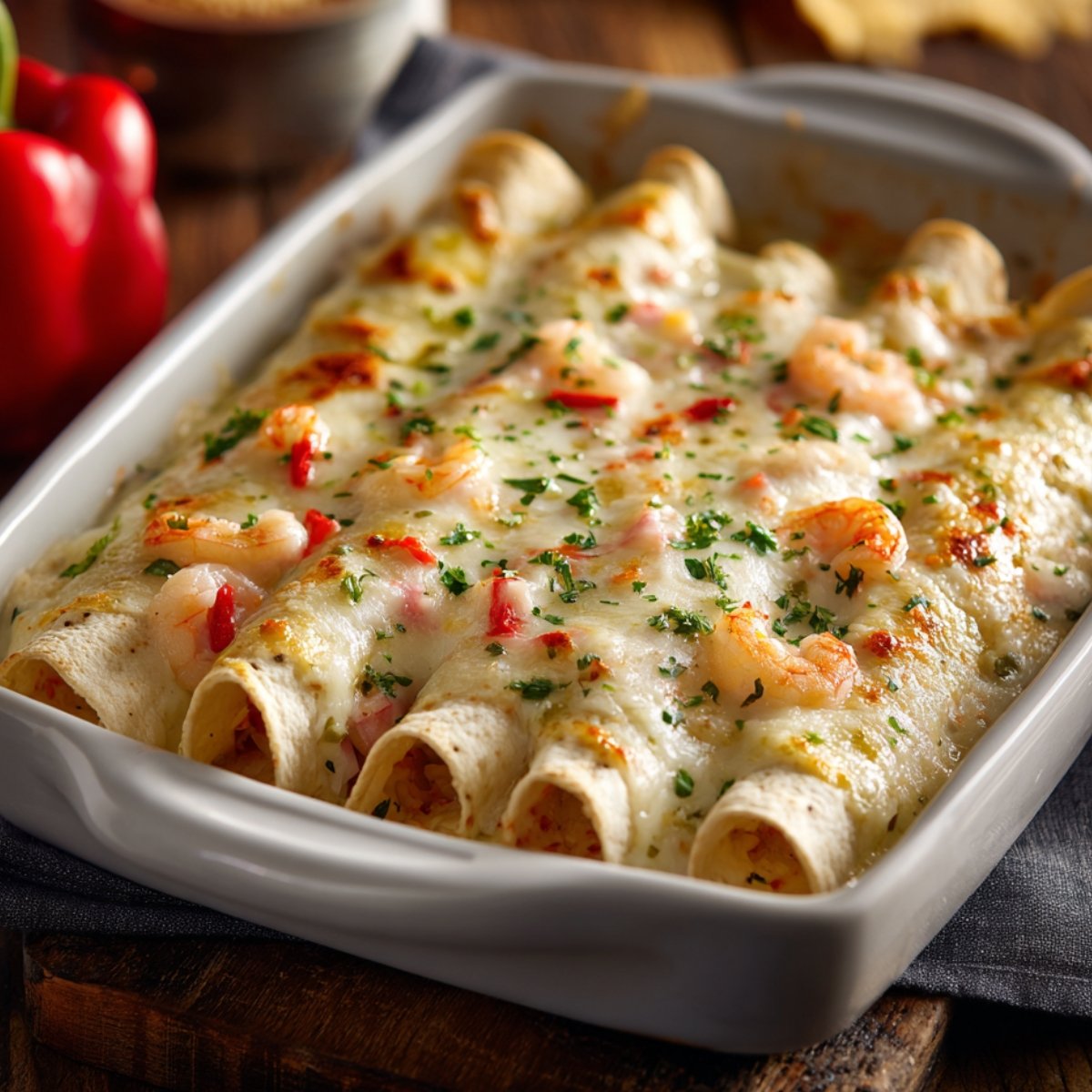 Homemade creamy shrimp enchiladas in a white baking dish, topped with melted cheese, red peppers, and parsley, baked until golden and bubbly.