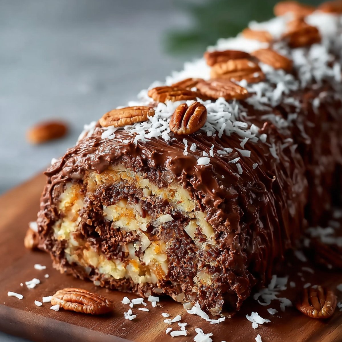Homemade German Chocolate Cake Roll topped with chocolate ganache, shredded coconut, and chopped pecans, showing a rich chocolate and coconut swirl inside on a wooden board.