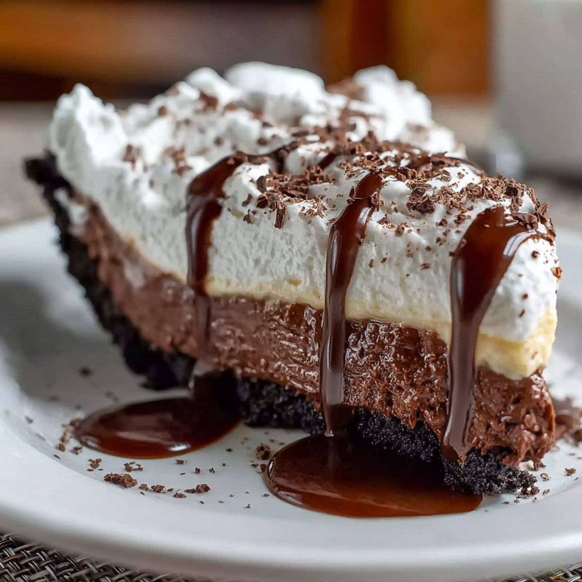 Best Mississippi Mud Pie Recipe slice with layers of chocolate cookie crust, creamy fudge filling, vanilla pudding, and fluffy whipped cream, topped with thick chocolate sauce and chocolate shavings on a white plate.