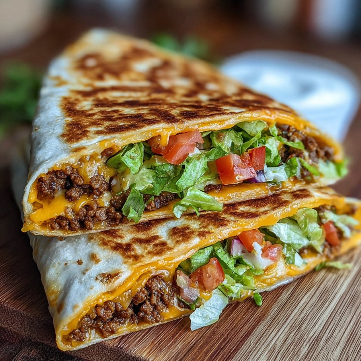 Best Taco Bell Crunchwrap Supreme stacked on a wooden board, showing layers of beef, melted cheese, lettuce, tomatoes, and sour cream in a golden toasted tortilla.