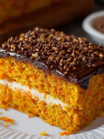 A slice of Brazilian carrot cake on a white plate, with layers of orange carrot cake, creamy filling, and a glossy chocolate ganache topping sprinkled with crunchy caramelized bits.
