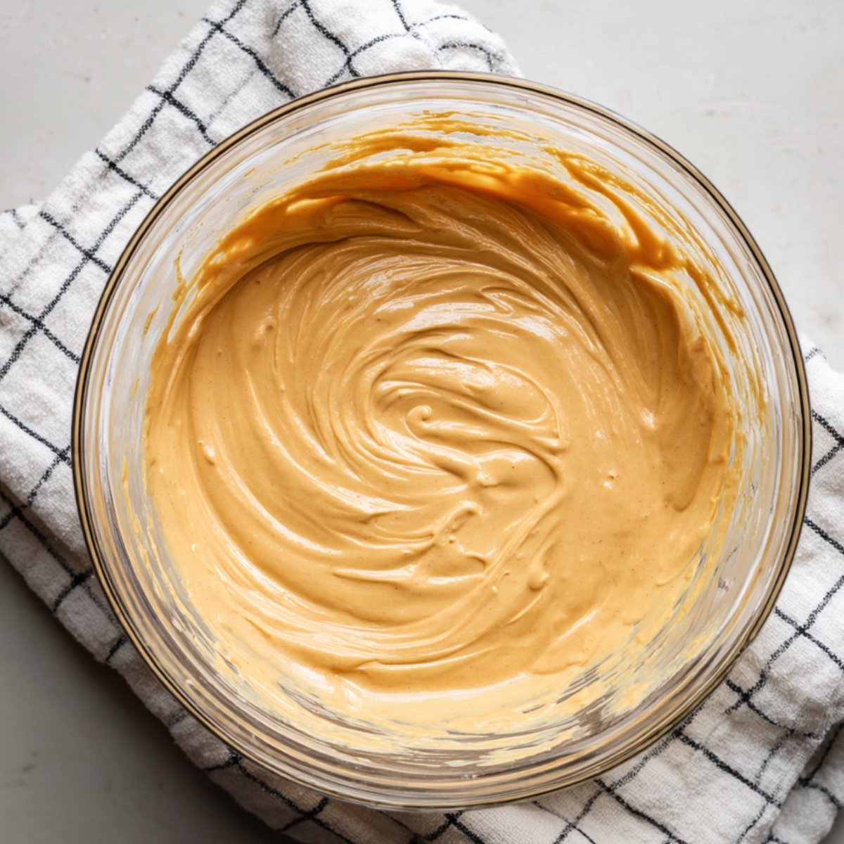 Top view of a glass bowl with smooth pumpkin cheesecake batter on a folded white grid towel, lit by soft natural light.