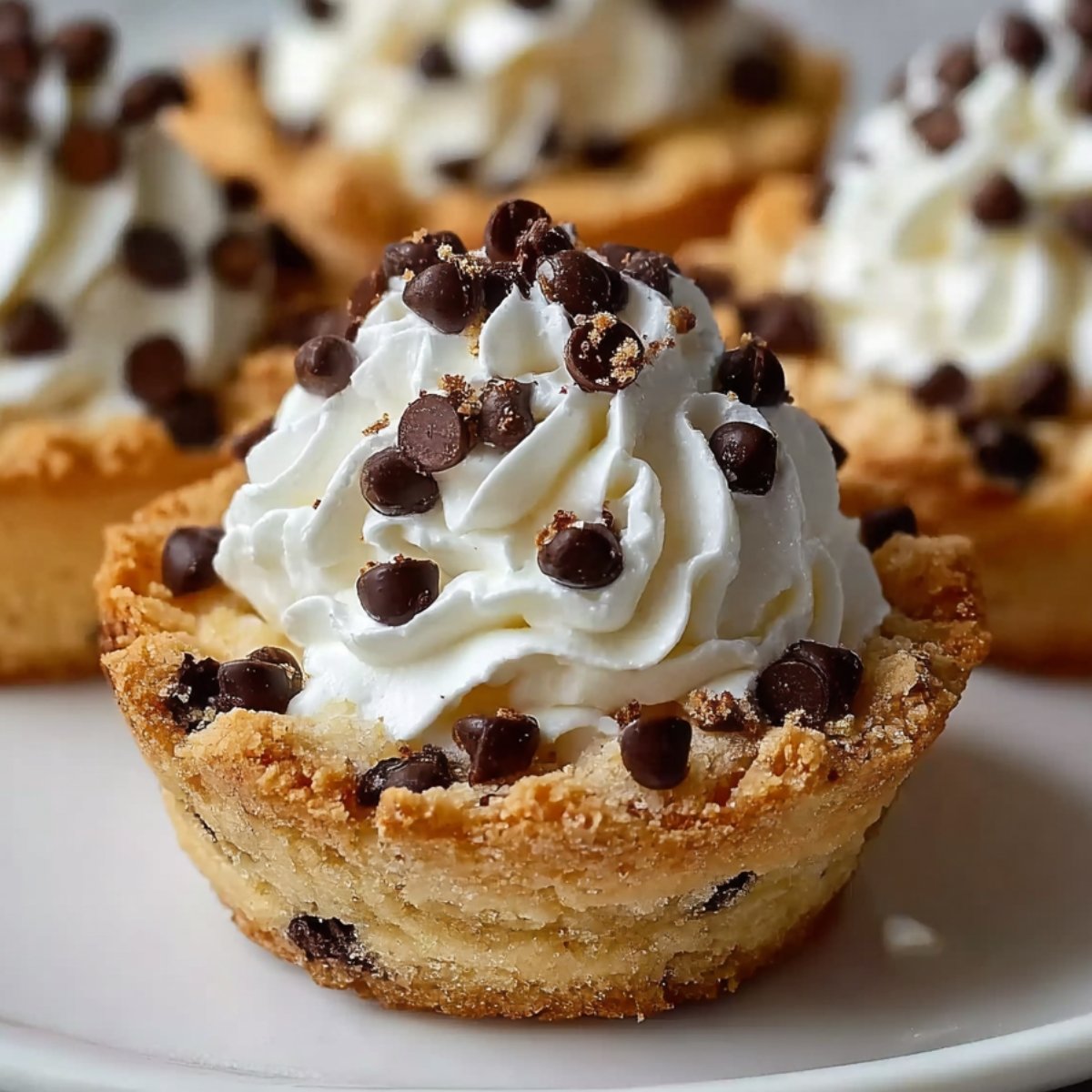 Cannoli Cookie Cups filled with creamy ricotta mascarpone filling and topped with mini chocolate chips on a white plate.