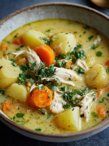 Chicken Soup with Potatoes with tender potatoes, carrots, and shredded chicken in a creamy golden broth, topped with fresh herbs — warm, hearty, and comforting.