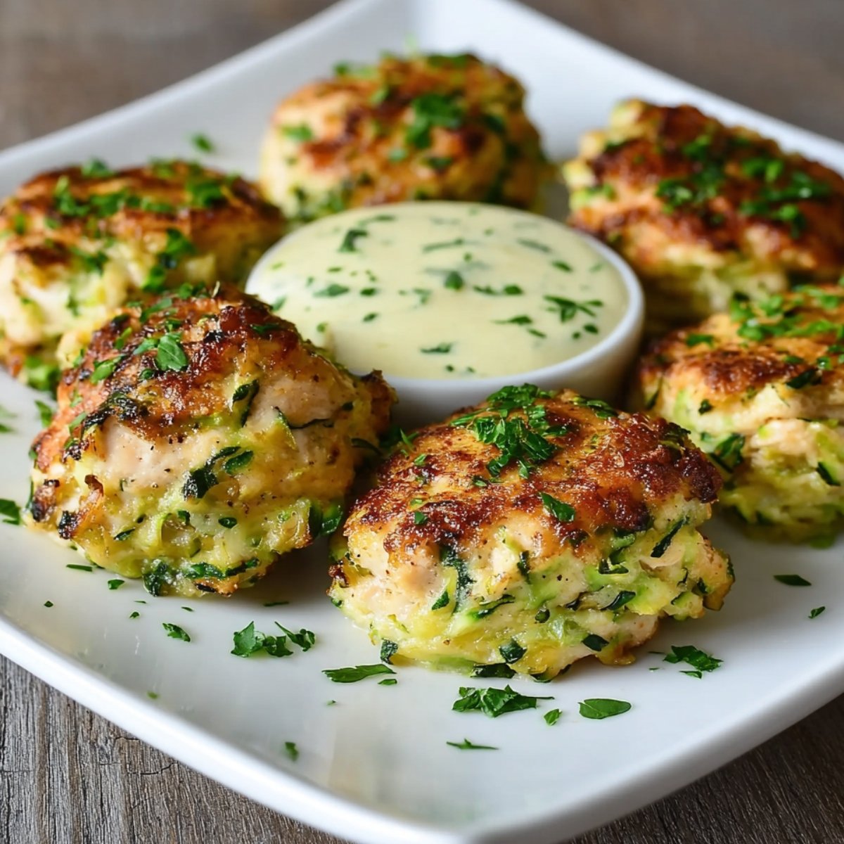 Golden, crispy Chicken Zucchini Poppers topped with creamy herb sauce and fresh parsley, served on a white plate with visible zucchini slices, showcasing a fresh, homemade look.