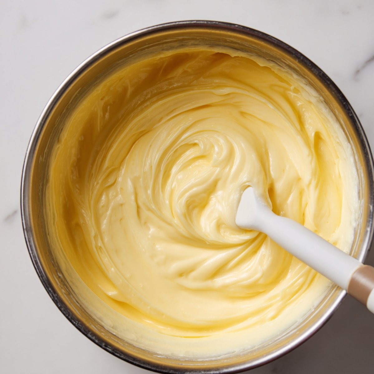 Smooth, creamy lemon filling swirled in a stainless steel bowl with a white spatula on a white countertop, bright natural light, homemade and fresh.