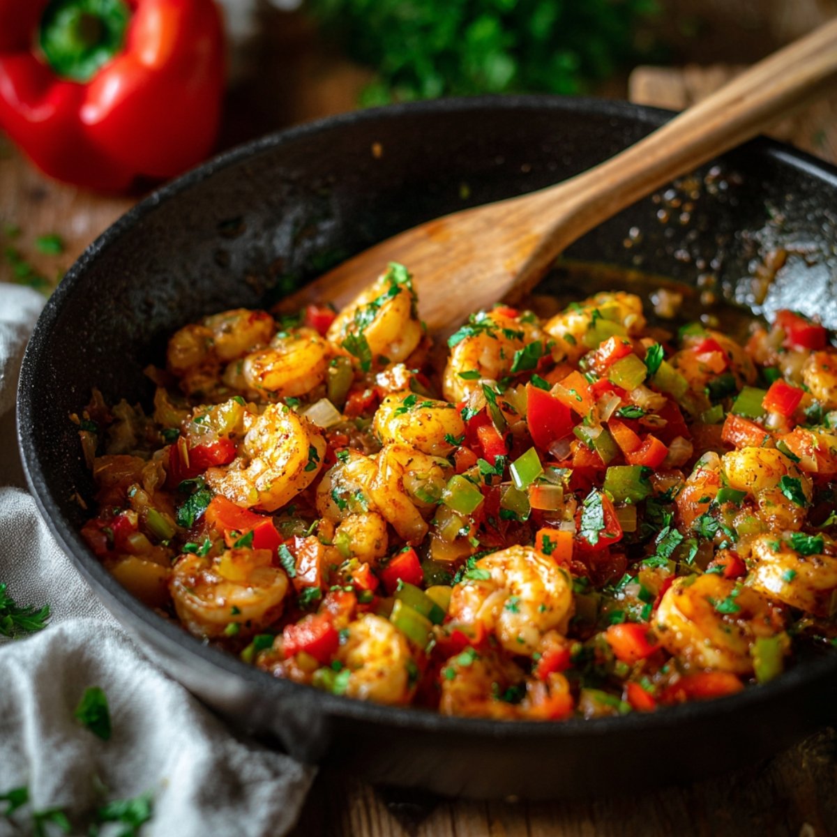 Shrimp sautéed with red and green bell peppers, onions, and herbs in a black skillet with a wooden spoon on a rustic wooden table.