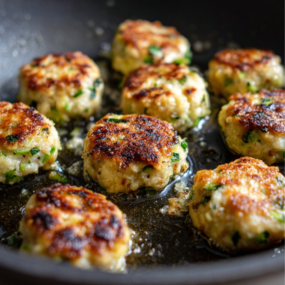 Golden-brown Chicken Zucchini Poppers frying in a skillet with a crispy exterior, flecked with green from zucchini and herbs. The poppers are sizzling in bubbling oil, with a slightly charred edge, giving them a homemade, perfectly cooked appearance.