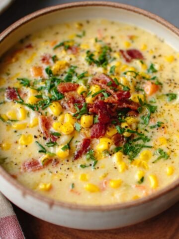 Creamy homemade corn chowder topped with bacon, parsley, and corn in a rustic bowl under warm natural light.