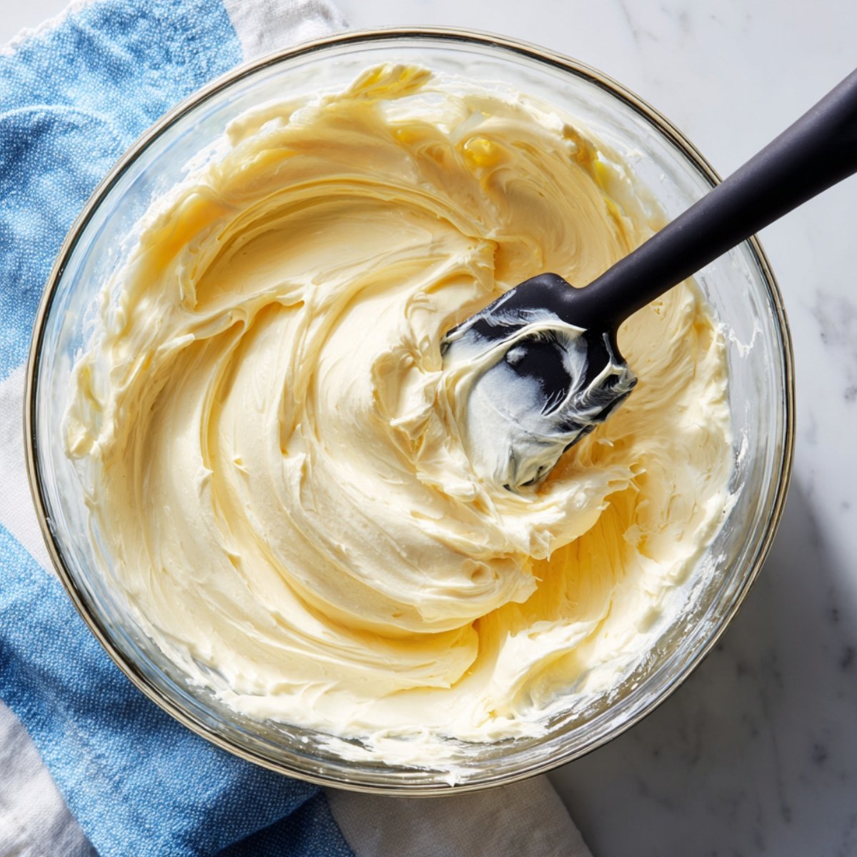 Creamy whipped cream cheese mixture in a glass bowl with a black spatula on a marble counter and blue kitchen towel, ready for pumpkin earthquake cake.