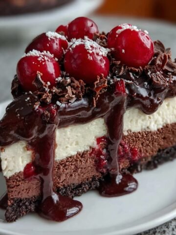 A slice of homemade Black Forest Cheesecake with chocolate and vanilla layers on a cookie crust, topped with glossy ganache, fresh cherries, chocolate shavings, and cherry filling dripping down the sides.