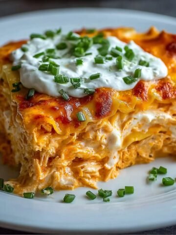 Easy Buffalo Chicken Lasagna slice on a white plate, showing layers of creamy shredded chicken in orange buffalo sauce, melted cheese, and golden-browned top, sprinkled with fresh parsley.