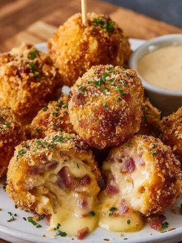 Easy Chicken Cordon Bleu Bites Recipe with melted cheese and ham inside, topped with parsley and served with Dijon dipping sauce on a white plate.