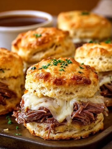 French Dip Biscuits filled with roast beef and melted cheese, topped with herbs and served with au jus on a wooden board in warm natural light.