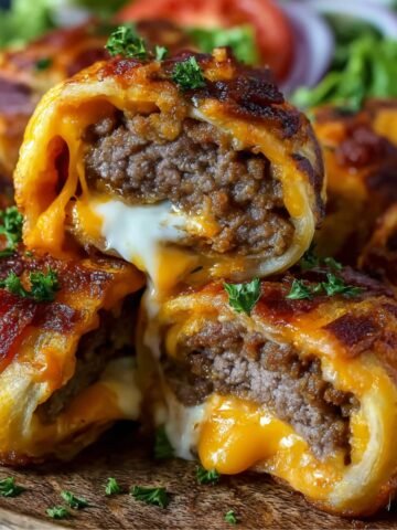 Garlic Butter Bacon Cheeseburger Rollups with golden, flaky crust, gooey melted cheese, and juicy beef filling, topped with crispy bacon pieces and fresh parsley on a wooden board.
