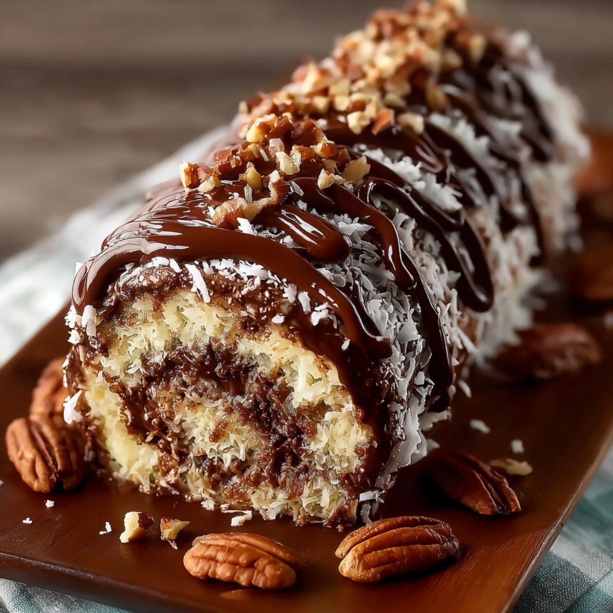 Homemade German Chocolate Cake Roll with chocolate frosting, coconut, and pecans, showing a rich chocolate-coconut swirl on a wooden board in warm natural light.