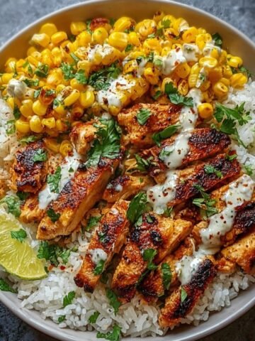 Healthy Street Corn Chicken Rice Bowl with grilled chicken, charred corn, white rice, lime wedges, and cilantro-lime crema drizzle.