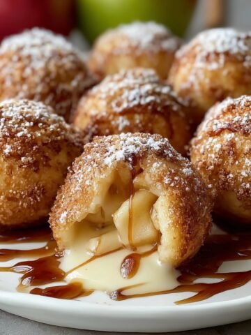 Homemade Apple Pie Bombs on a white plate, golden and sugar-dusted, one cut open showing warm caramel apple filling and cream sauce, cozy homemade feel with warm light.