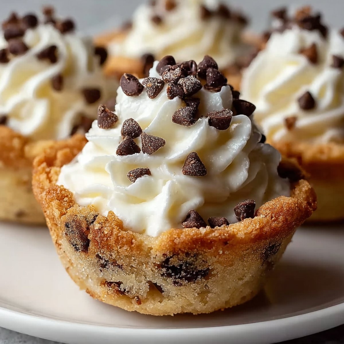 Homemade Cannoli Cookie Cups with golden-brown edges, filled with creamy ricotta mascarpone filling piped high and topped with mini chocolate chips and a light dusting of powdered sugar, served on a white plate.