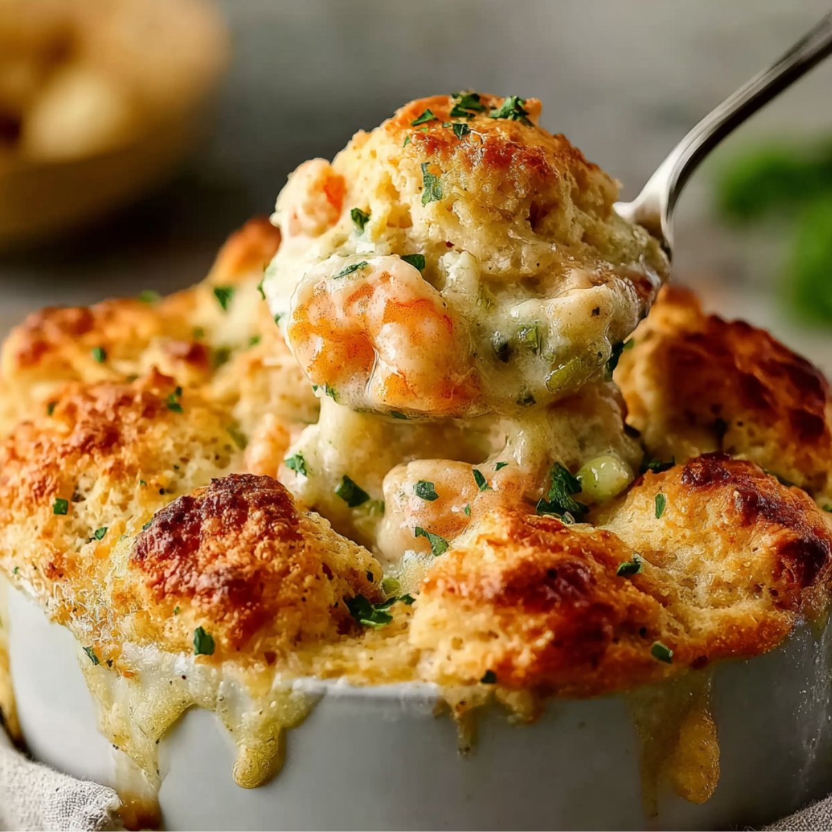 Homemade Cheddar Bay Biscuit Seafood Pot Pie with shrimp, crab, and vegetables in creamy sauce, topped with golden biscuits in a cast iron skillet.