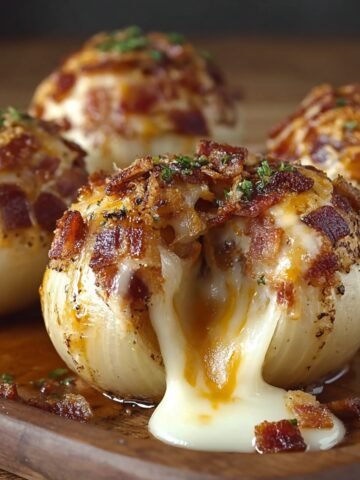 Homemade Cheesy Bacon Onion Bombs on a wooden board, topped with crispy bacon and parsley, with melted cheese oozing from the center.