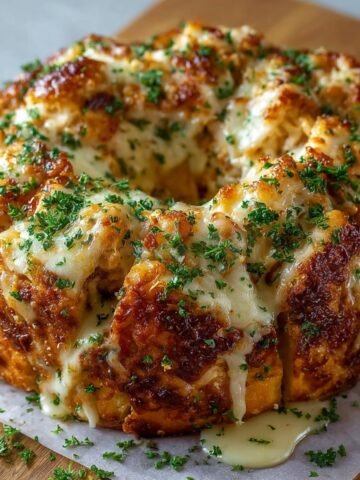 Homemade Chicken Alfredo Monkey Bread topped with parsley, fresh from the oven on parchment paper, warm and homemade.