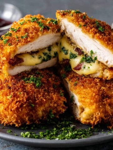 Homemade Chicken Kiev Recipe cut open to reveal juicy chicken breast stuffed with melted herb butter and chopped parsley, served on a rustic wooden board with fresh herbs.