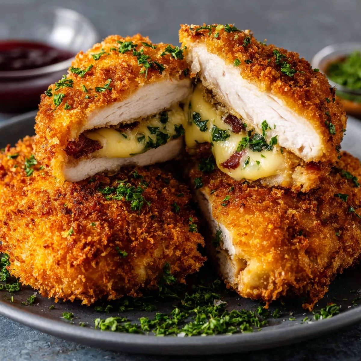 Homemade Chicken Kiev Recipe cut open to reveal juicy chicken breast stuffed with melted herb butter and chopped parsley, served on a rustic wooden board with fresh herbs.