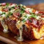 Homemade Garbage Bread with melted cheese, pepperoni, and parsley on a golden crust, served on a wooden board.