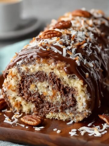 Homemade German Chocolate Cake Roll with chocolate ganache, toasted coconut, and pecans on a wooden board, showing a rich chocolate-coconut swirl and a coffee cup in the background.