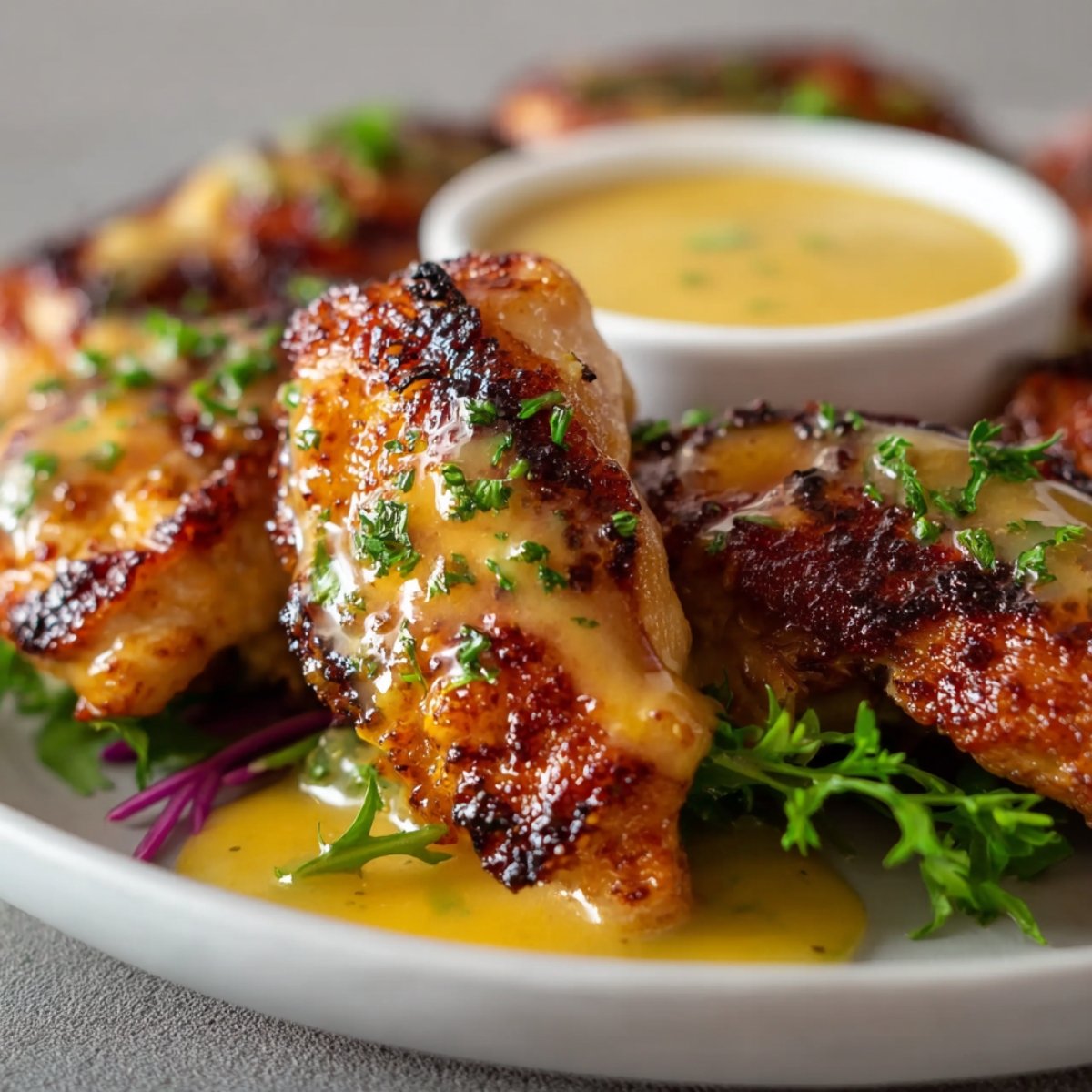 Homemade Honey Mustard Chicken Recipe with golden caramelized edges, parsley garnish, and a ramekin of honey mustard sauce on a white plate.