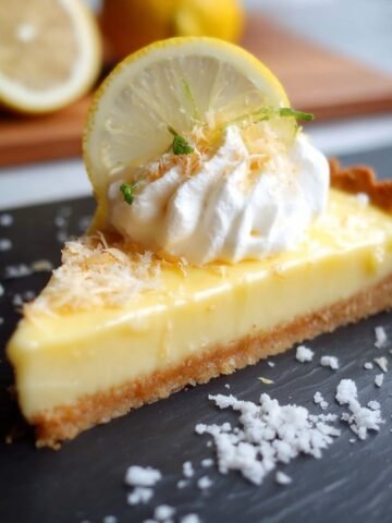 Homemade Lemon Cream Tart with golden crust, whipped cream, and lemon slice on top, on a dark slate board with bright natural light, homemade and fresh.